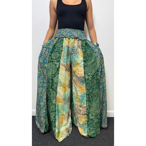Mixed-print wide-leg trousers- One Size 100% Silk - Picture 1 of 5
